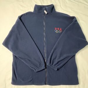 Navy Blue Fleece Zip Up Jacket with USA Olympic Rings Embroidered. Size XXL